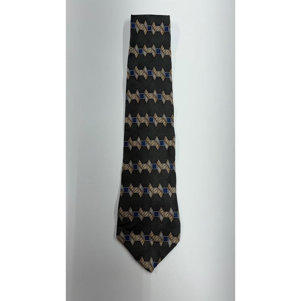 Bosa Le Collezioni Mens Silk Necktie Geometric Diamond Pattern Grey Blue Gold